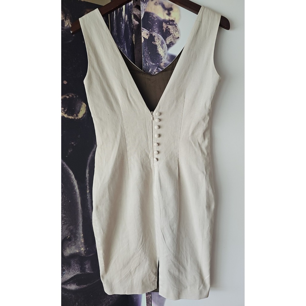 Vintage SYLVIA HEISEL Sleeveless Cocktail Party V Neck‎ Tan Sheath Dress Size 4
